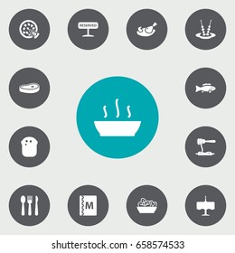 Set Of 13 Cafe Icons Set.Collection Of Book, Food, Tuna And Other Elements.