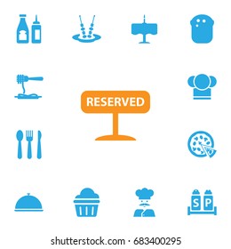 Set Of 13 Cafe Icons Set.Collection Of Cook, Silverware, Catsup And Other Elements.