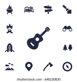 Set Of 13 Camping Icons Set. Collection Of Signpost, Flashlight, Inflatable Raft And Other Elements.