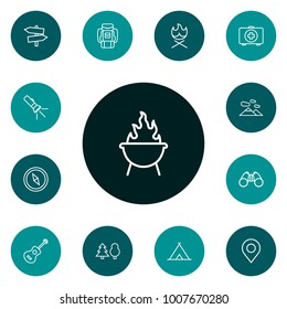Set of 13 camping icons line style set. Collection of mountains, baggage, shelter and other elements.