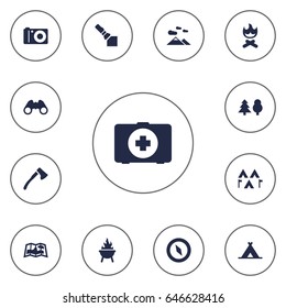 Set Of 13 Camping Icons Set.Collection Of Photo Camera, Landscape , Wood Axe Elements.