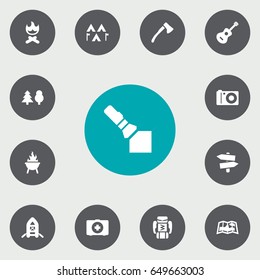 Set Of 13 Camping Icons Set.Collection Of Camp, Flashlight, Photo Camera And Other Elements.