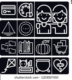 Set of 13 card outline icons such as cauldron, ecommerce, pumpkin, triangle, design, color palette, meow, heart, folders, flower, kite, key card