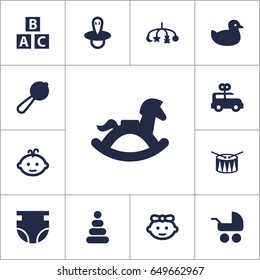 Set Of 13 Child Icons Set.Collection Of Bus, Nappy, Duck And Other Elements.