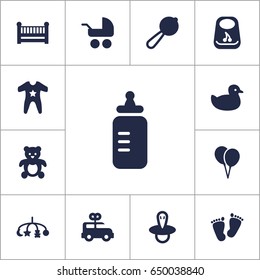 Set Of 13 Child Icons Set.Collection Of Trace, Teat, Milk And Other Elements.
