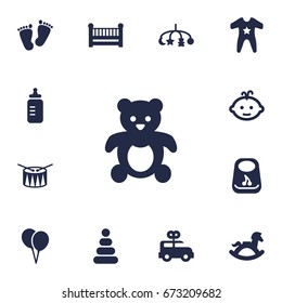 Set Of 13 Child Icons Set.Collection Of Bear, Breastplate, Hangings And Other Elements.