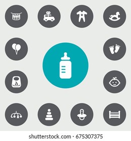 Set Of 13 Child Icons Set.Collection Of Toy, Barrel, Trace And Other Elements.