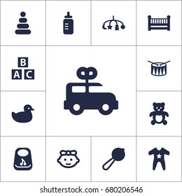 Set Of 13 Child Icons Set.Collection Of Abc Block, Breastplate, Bear And Other Elements.