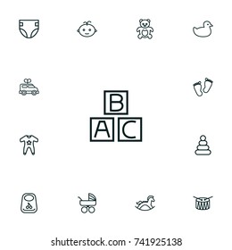 Set Of 13 Child Outline Icons Set.Collection Of Boy, Bib, Smock And Other Elements.