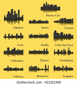 Set of 13 city silhouette in Mexico ( Mexico City, Juarez, Culiacan, Monterrey, Puebla, Cancun, Leon, Tijuana, Acapulco, Zapopan, Cabo San Lucas, Chihuahua, Guadalajara  )