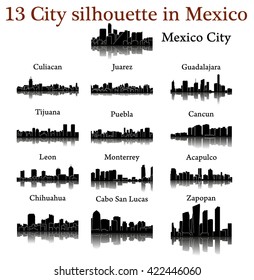 Set of 13 city silhouette in Mexico ( Mexico City, Juarez, Culiacan, Monterrey, Puebla, Cancun, Leon, Tijuana, Acapulco, Zapopan, Cabo San Lucas, Chihuahua, Guadalajara  )