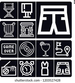 Set of 13 classic outline icons such as record, margarita, arch, harp, route, chair, game over, alarm clock, lamp, shorts, radio