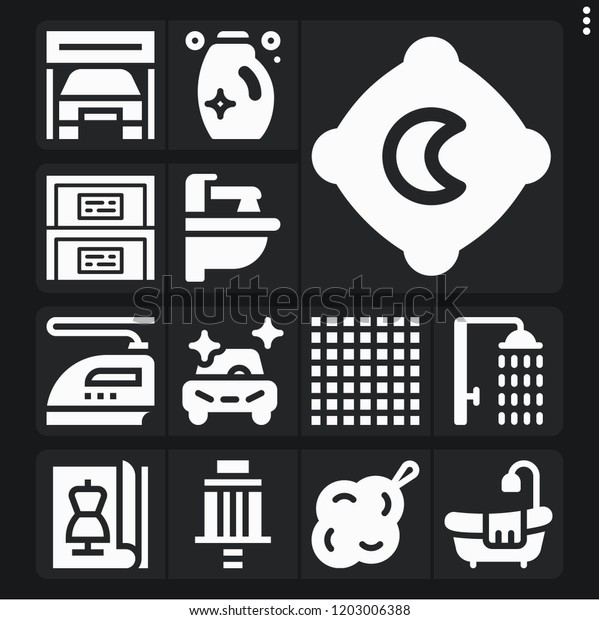 Set of 13 clean filled icons such as cabinet,\
detergent, clean car, sponge, shower, sink, filter, garage,\
tablecloth, pillow, magazine,\
iron
