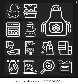 Set of 13 clean outline icons such as folder, resume, detergent, dishwasher, soak, hand dryer, liquid soap, waste, rubber duck, fried egg, apron, towel
