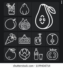 Set of 13 closeup outline icons such as clamp, alcoholic drinks, soda, papaya, apple, close, fig, artichoke, carrot, peach, pear, tomato
