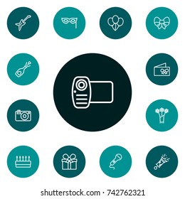 Set Of 13 Cocktail Outline Icons Set.Collection Of Balloon, Flower, Microphone And Other Elements.