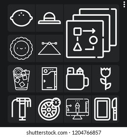 Set of 13 colorful outline icons such as old fashion, , wheel, pokedex, pencil box, dissection, polish, flow, flower, hat, creative design