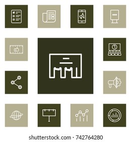Set Of 13 Commercial Outline Icons Set. Collection Of Client Brief, Brand Awareness, Social Media Ads Elements.