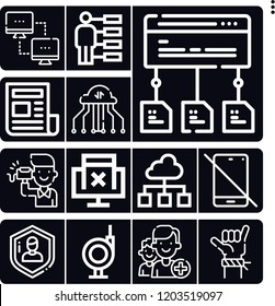 Set of 13 communication outline icons such as protect, no phone, newspaper, shaka, local network, monitor, share, add friend, cloud, data flow, listener, webcam