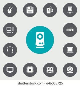 Set Of 13 Computer Icons Set.Collection Of Datacenter, Computer, Fan And Other Elements.