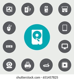 Set Of 13 Computer Icons Set.Collection Of Notebook, Show, Peripheral And Other Elements.