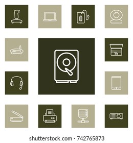 Set Of 13 Computer Outline Icons Set. Collection Of Scanner, Modem, Powerbank And Other Elements.
