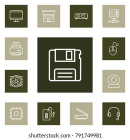 Set Of 13 Computer Outline Icons Set.Collection Of Powerbank, Laptop, Computer Mouse And Other Elements.