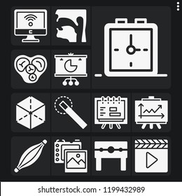 Set of 13 concept filled icons such as punishment, photo camera, pharynx, clapperboard, muscle, heart, wifi, pie chart, line chart, alarm clock, magic wand, cube