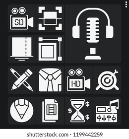 Set of 13 concept filled icons such as target, levels, microphone, video file, video camera, pencil, , shirt, hourglass, select