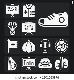 Set of 13 concept filled icons such as christian, kidney, breast, microphone, garlic, sneaker, presentation, bar chart, strategy, package, shirt, worldwide