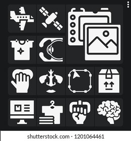 Set of 13 concept filled icons such as photo camera, brain, nose, eye, satellite, , handgrip, gloves, laundry, computer, package, clean