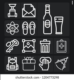 Set of 13 concept outline icons such as beer, compass, gift, gloves, big bang theory, image, funnel, message, flip flops, health, key, backpack