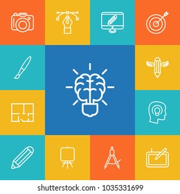 Set of 13 creative icons line style set. Collection of writing, concept, dslr camera and other elements.