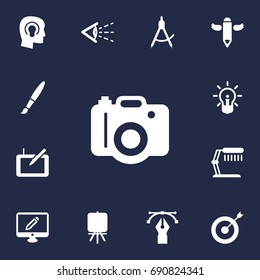 Set Of 13 Creative Icons Set.Collection Of Compass, Photo, Illuminator And Other Elements.