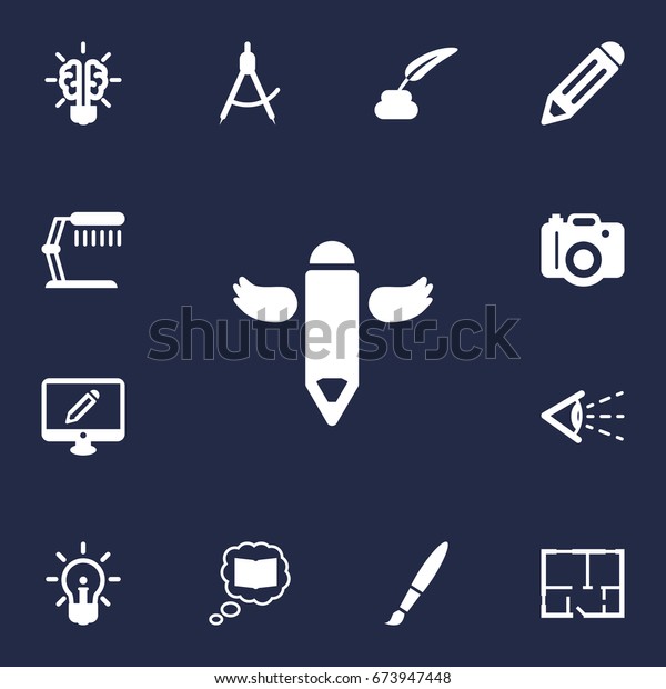 Set Of 13 Creative Icons Set.Collection\
Of Wings, Pencil, Compass And Other\
Elements.