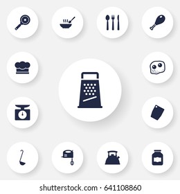 Set Of 13 Culinary Icons Set.Collection Of Chef Cap, Poultry Foot, Kitchen Rasp And Other Elements.