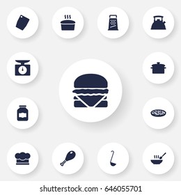 Set Of 13 Culinary Icons Set.Collection Of Cutting Surface, Loaf, Chef Cap And Other Elements.