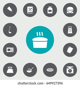 Set Of 13 Culinary Icons Set.Collection Of Electronic Oven, Kitchen Rasp, Broth And Other Elements.
