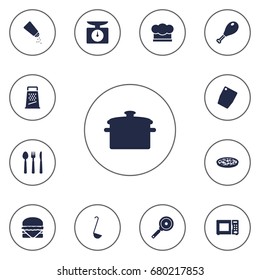 Set Of 13 Culinary Icons Set.Collection Of Non-Stick, Cutting Surface, Saltshaker And Other Elements.