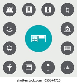 Set Of 13 Decor Icons Set.Collection Of Television, Worktop, Illuminator And Other Elements.