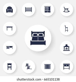 Set Of 13 Decor Icons Set.Collection Of Chimney, Stool, Cot And Other Elements.