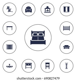Set Of 13 Decor Icons Set.Collection Of Sofa, Bedside Table, Commode And Other Elements.