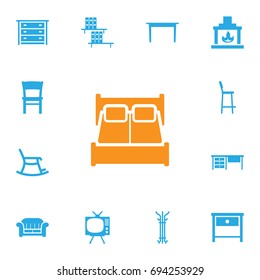 Set Of 13 Decor Icons Set.Collection Of Couch, Bookcase, Rocking Furniture And Other Elements.