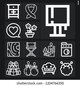 Set of 13 decor outline icons such as wood, candle, present, christmas ball, chair, heart, laundry, knitting, ribbon, sofa, lamp, chest of drawers