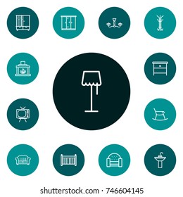 Set Of 13 Decor Outline Icons Set.Collection Of Fireplace, Moving Chair, Crib And Other Elements.