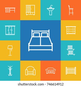 Set Of 13 Decor Outline Icons Set.Collection Of Crib, Washbasin, Hanger And Other Elements.