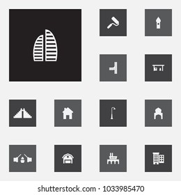 Set of 13 design icons set. Collection of drawbringe, arabic, temple and other elements.