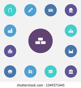 Set of 13 design icons set. Collection of library, garage, district and other elements.