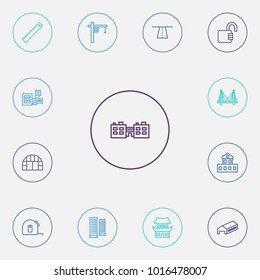 Set of 13 design icons line style set. Collection of measurement, cottage, mall and other elements.