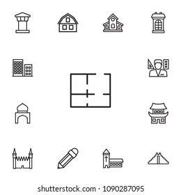 Set of 13 design icons line style set. Collection of control tower, european house, temple and other elements.